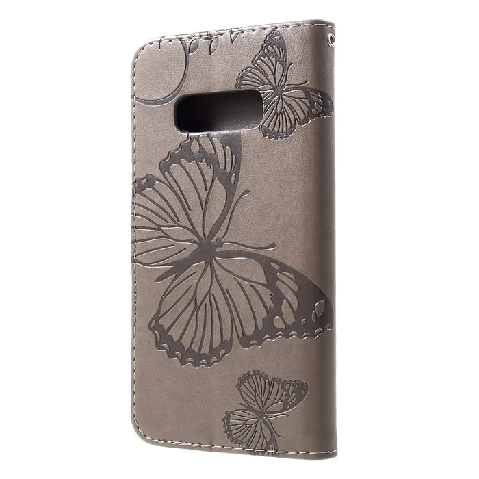 For Samsung Galaxy S10e Wallet Case Floral Butterfly Imprinted Leather Phone Cover Stand - Grey - 2