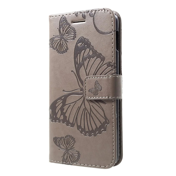 For Samsung Galaxy S10e Wallet Case Floral Butterfly Imprinted Leather Phone Cover Stand - Grey - 3
