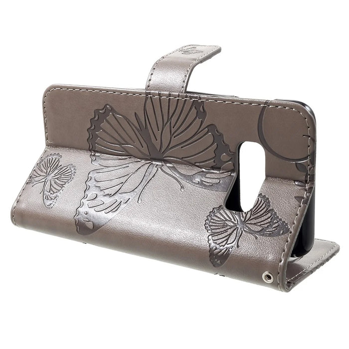For Samsung Galaxy S10e Wallet Case Floral Butterfly Imprinted Leather Phone Cover Stand - Grey - 4