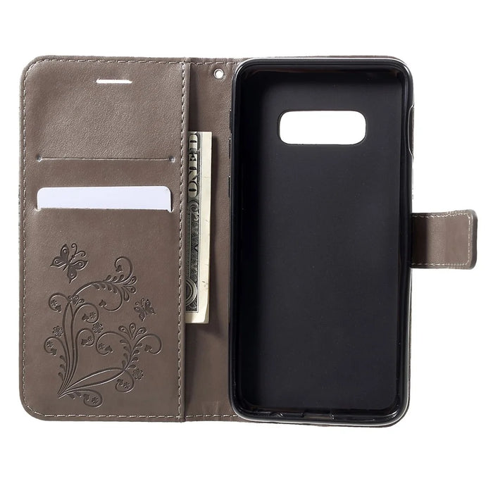 For Samsung Galaxy S10e Wallet Case Floral Butterfly Imprinted Leather Phone Cover Stand - Grey - 5