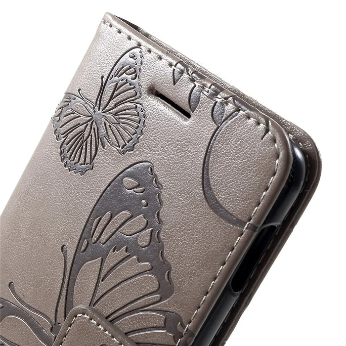 For Samsung Galaxy S10e Wallet Case Floral Butterfly Imprinted Leather Phone Cover Stand - Grey - 6