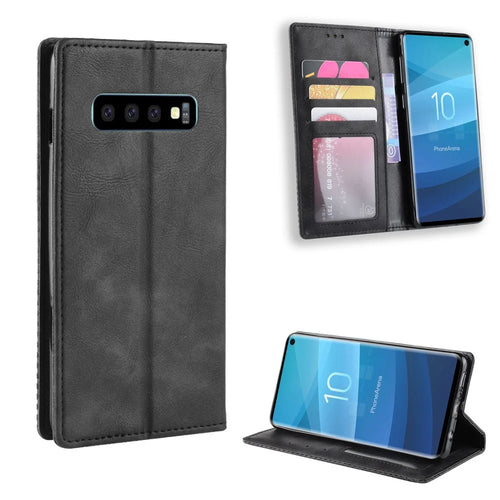 Vintage Style Wallet Leather Stand Cover for Samsung Galaxy S10 Cell Phone Case Cover - Black - 1