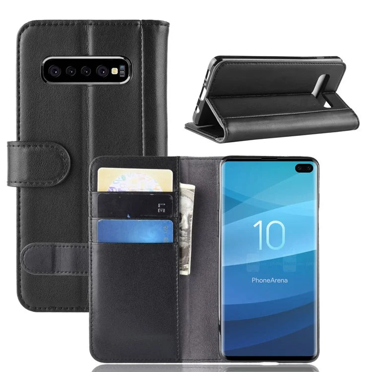 For Samsung Galaxy S10 Plus Phone Cases Genuine Split Leather Wallet Mobile Cover Stand - Black - 1