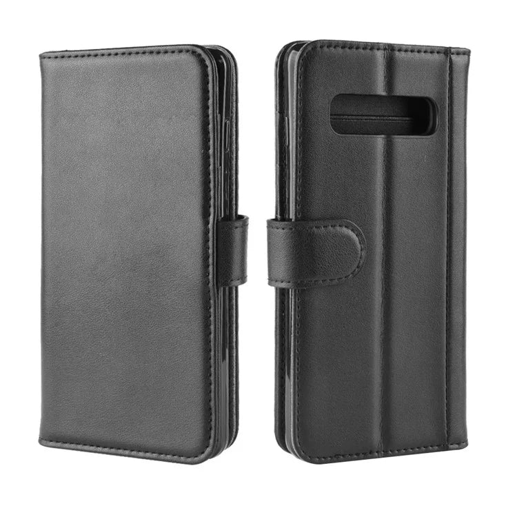For Samsung Galaxy S10 Plus Phone Cases Genuine Split Leather Wallet Mobile Cover Stand - Black - 2