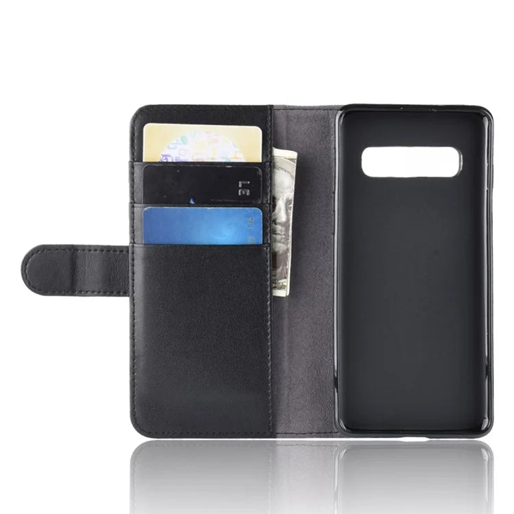 For Samsung Galaxy S10 Plus Phone Cases Genuine Split Leather Wallet Mobile Cover Stand - Black - 5