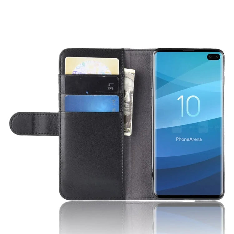 For Samsung Galaxy S10 Plus Phone Cases Genuine Split Leather Wallet Mobile Cover Stand - Black - 6