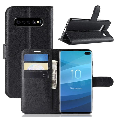 Litchi Skin Magnetic Leather Stand Cover for Samsung Galaxy S10 Plus Folio Flip Wallet Phone Case - Black - 1