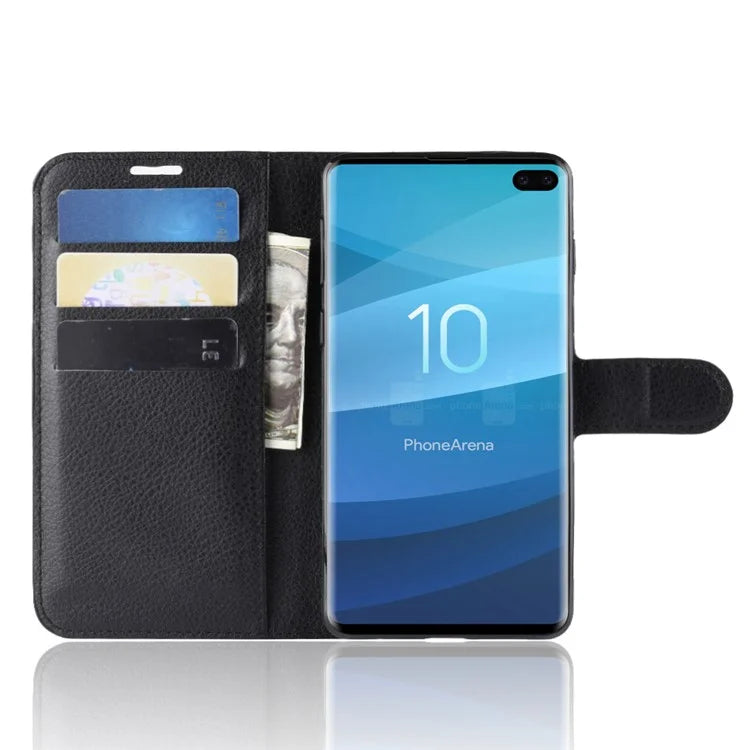 Litchi Skin Magnetic Leather Stand Cover for Samsung Galaxy S10 Plus Folio Flip Wallet Phone Case - Black - 4