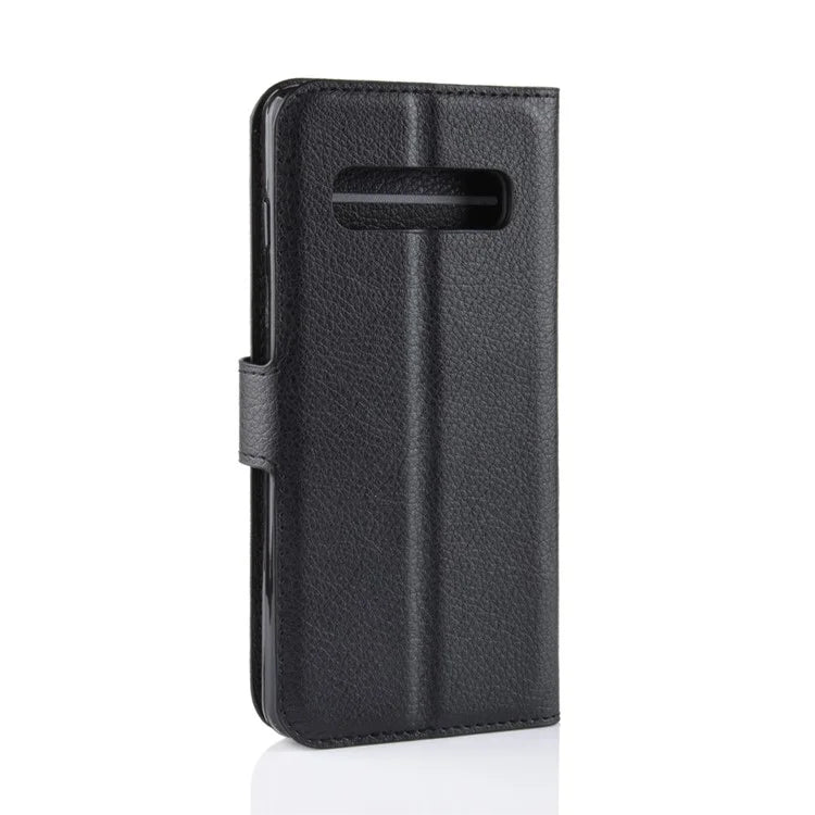 Litchi Skin Magnetic Leather Stand Cover for Samsung Galaxy S10 Plus Folio Flip Wallet Phone Case - Black - 6
