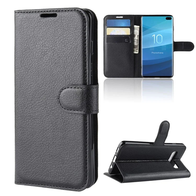 Litchi Skin Magnetic Leather Stand Cover for Samsung Galaxy S10 Plus Folio Flip Wallet Phone Case - Black - 7