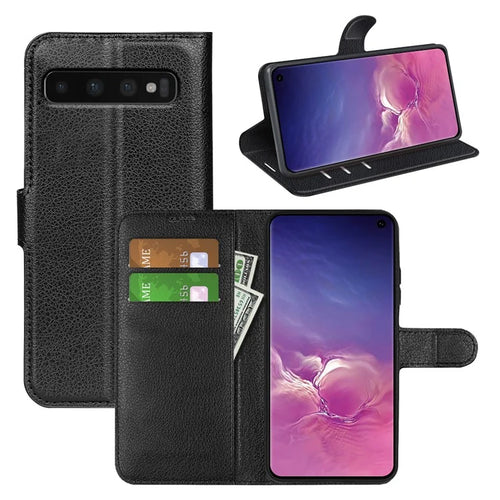 Litchi Skin Leather Stand Cover for Samsung Galaxy S10 with Folio Flip Wallet Magnetic Clasp Design - Black - 1