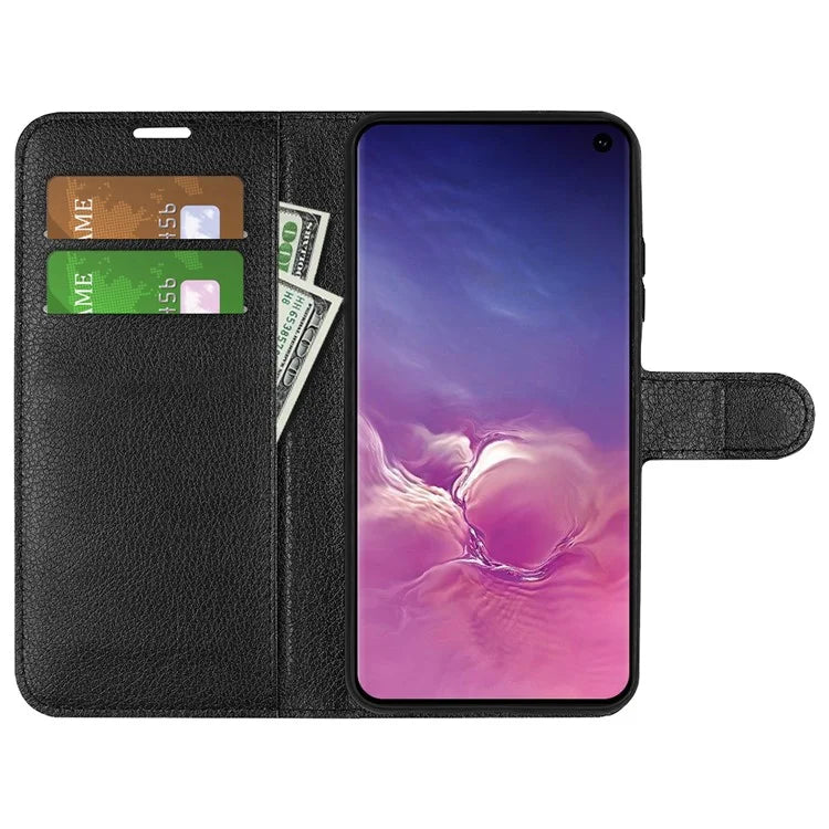 Litchi Skin Leather Stand Cover for Samsung Galaxy S10 with Folio Flip Wallet Magnetic Clasp Design - Black - 2