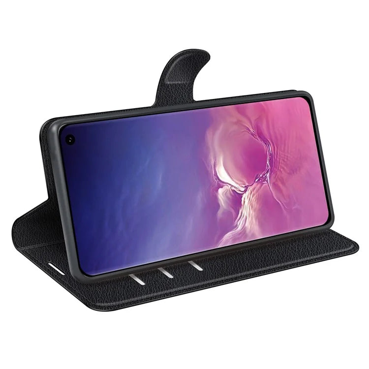 Litchi Skin Leather Stand Cover for Samsung Galaxy S10 with Folio Flip Wallet Magnetic Clasp Design - Black - 3