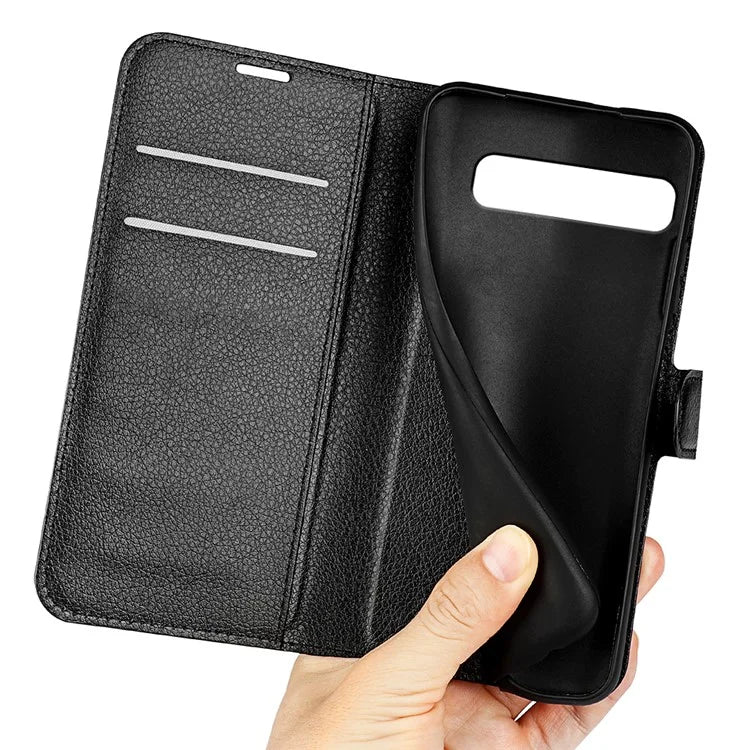 Litchi Skin Leather Stand Cover for Samsung Galaxy S10 with Folio Flip Wallet Magnetic Clasp Design - Black - 5