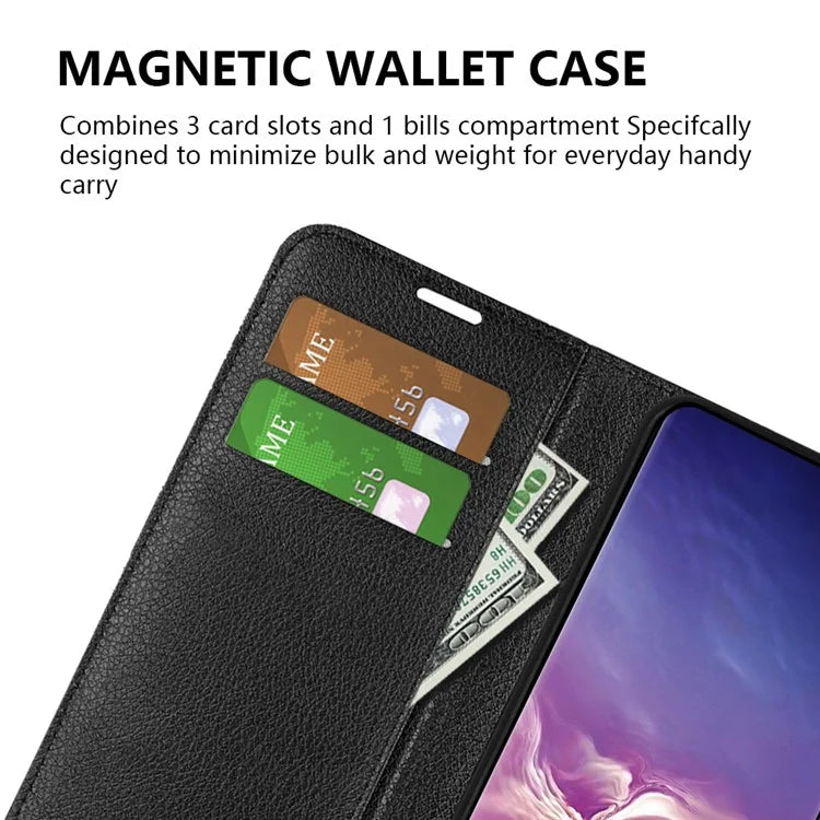 Litchi Skin Leather Stand Cover for Samsung Galaxy S10 with Folio Flip Wallet Magnetic Clasp Design - Black - 7