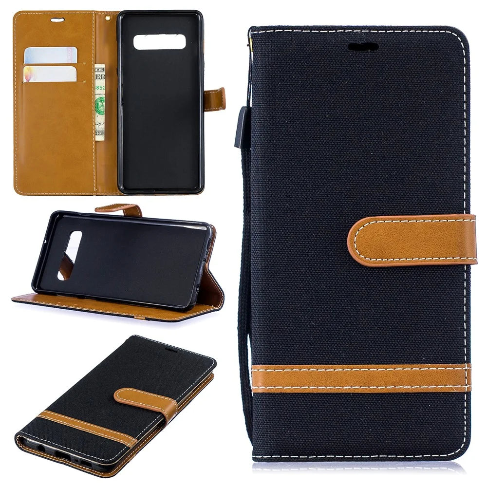 Two-tone Jean Cloth PU Leather Flip Case for Samsung Galaxy S10 Plus - Black - 1