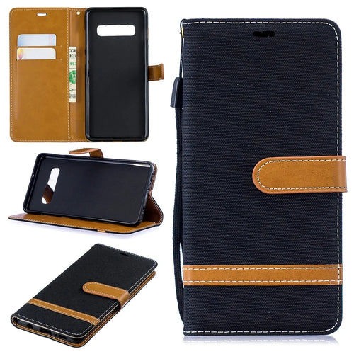 Two-tone Jean Cloth PU Leather Flip Case for Samsung Galaxy S10 Plus - Black - 1
