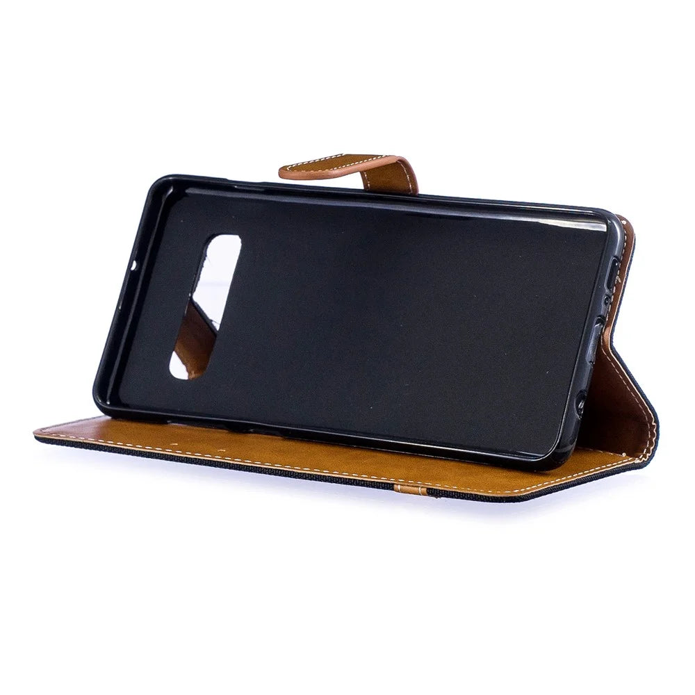 Two-tone Jean Cloth PU Leather Flip Case for Samsung Galaxy S10 Plus - Black - 5