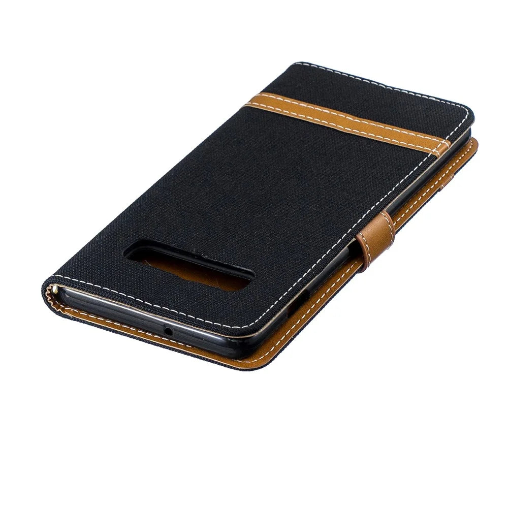 Two-tone Jean Cloth PU Leather Flip Case for Samsung Galaxy S10 Plus - Black - 7