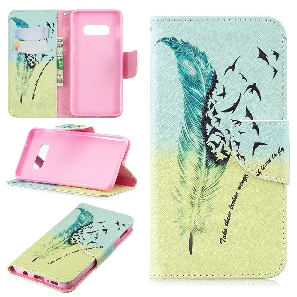 For Samsung Galaxy S10e Pattern Printing PU Leather Flip Phone Cover - Feather Pattern - 1