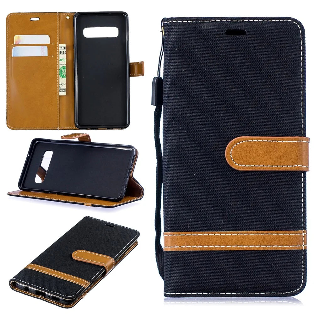 Two-tone Jean Cloth PU Leather Flip Case for Samsung Galaxy S10 - Black - 1