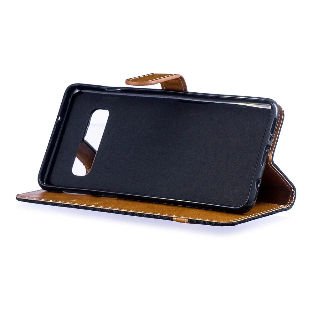 Two-tone Jean Cloth PU Leather Flip Case for Samsung Galaxy S10 - Black - 5