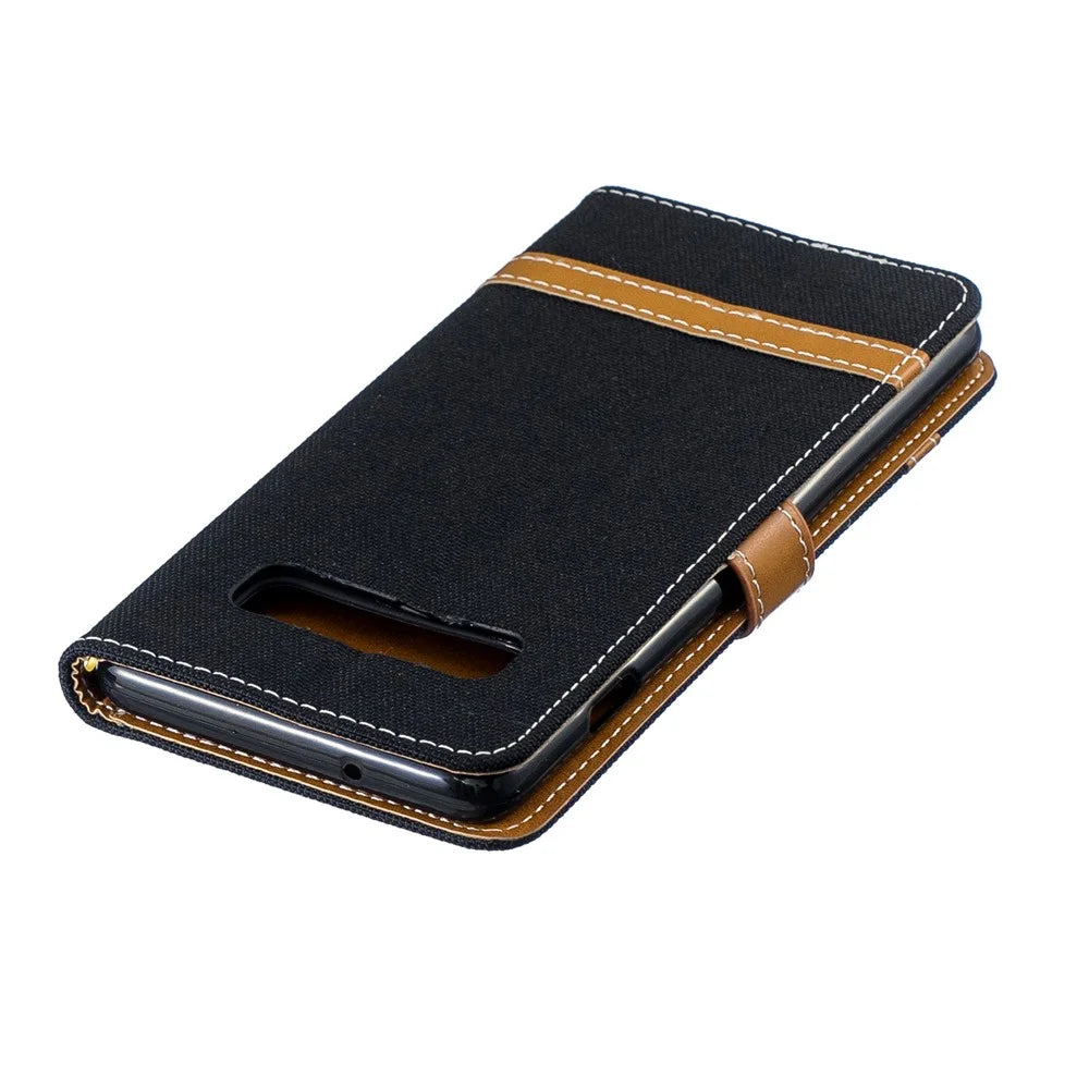 Two-tone Jean Cloth PU Leather Flip Case for Samsung Galaxy S10 - Black - 7