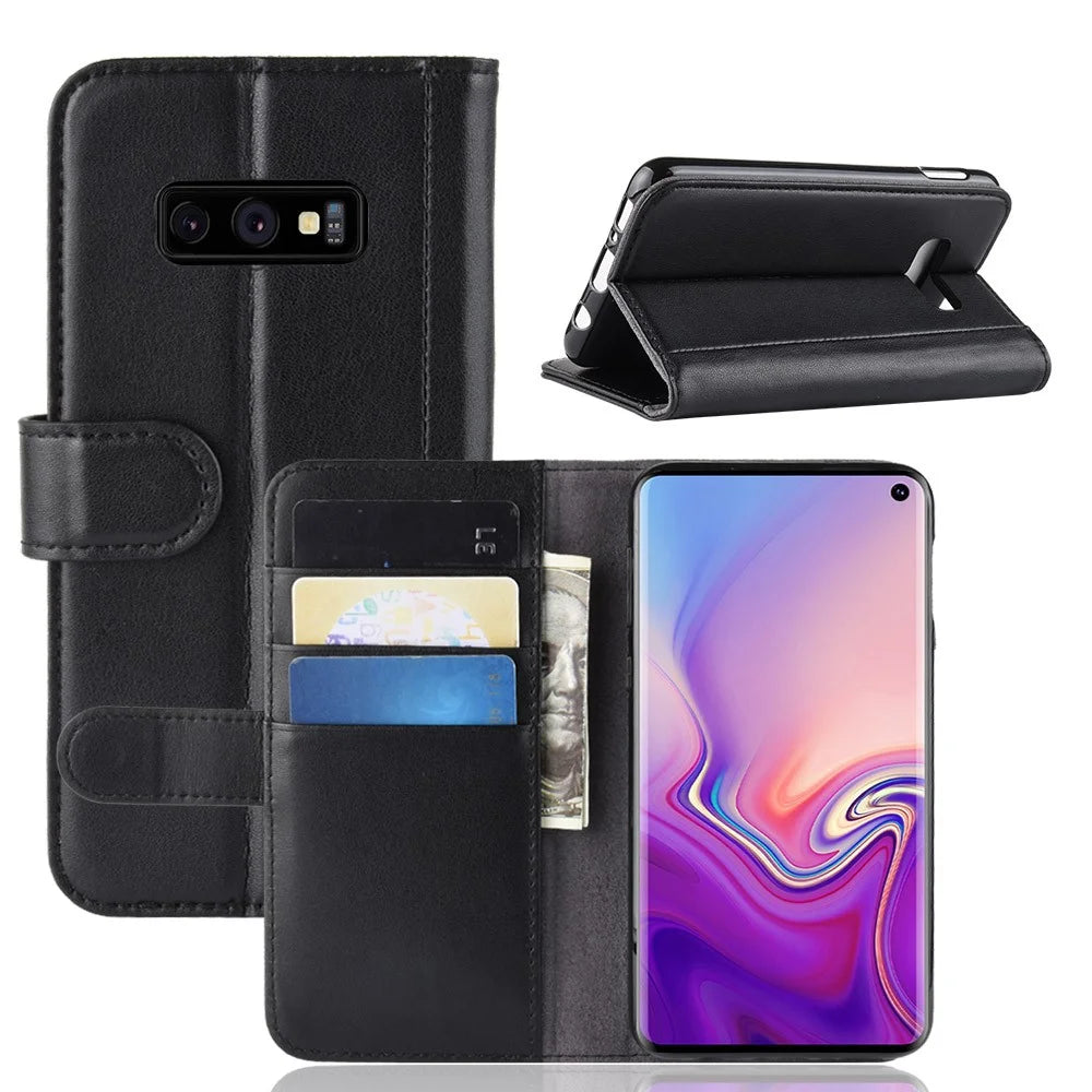 For Samsung Galaxy S10e Phone Cases Genuine Split Leather Wallet Mobile Cover Stand - Black - 1