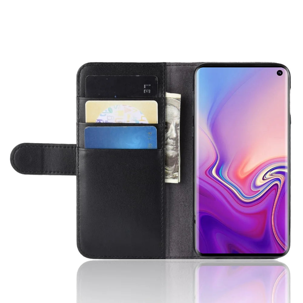 For Samsung Galaxy S10e Phone Cases Genuine Split Leather Wallet Mobile Cover Stand - Black - 6