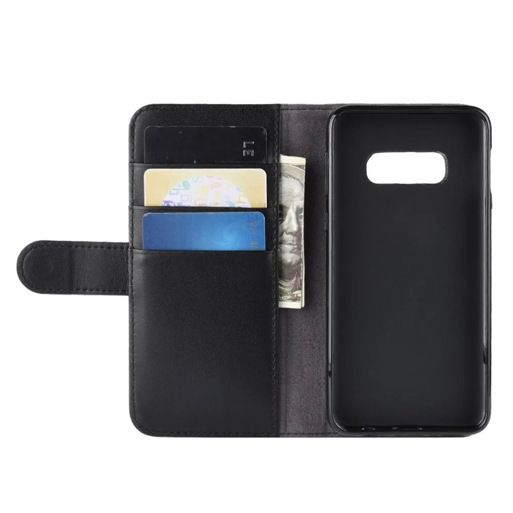 For Samsung Galaxy S10e Phone Cases Genuine Split Leather Wallet Mobile Cover Stand - Black - 7
