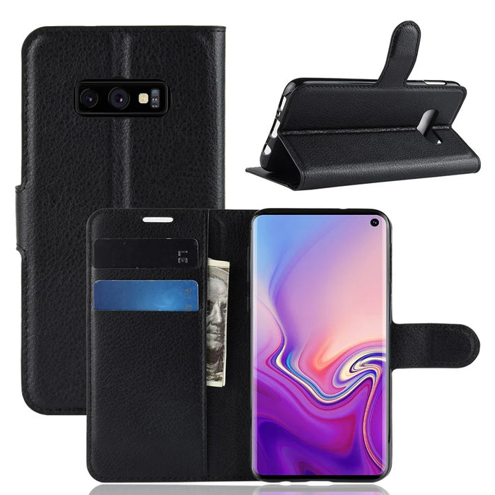 Litchi Skin Wallet Leather Stand Case for Samsung Galaxy S10e - Black - 2