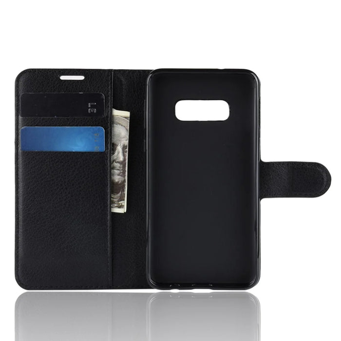 Litchi Skin Wallet Leather Stand Case for Samsung Galaxy S10e - Black - 6