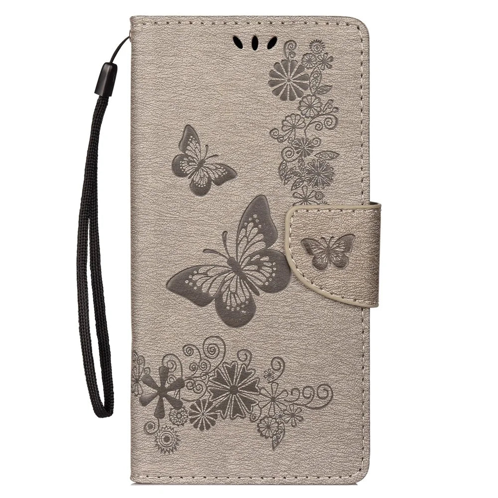 For Samsung Galaxy S10 Imprint Butterfly Flower Leather Phone Shell with Strap - Grey - 1