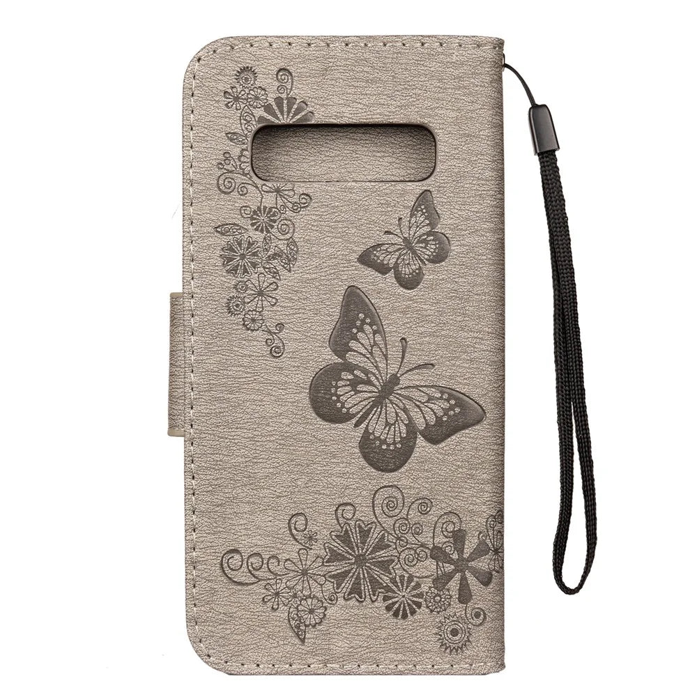 For Samsung Galaxy S10 Imprint Butterfly Flower Leather Phone Shell with Strap - Grey - 2