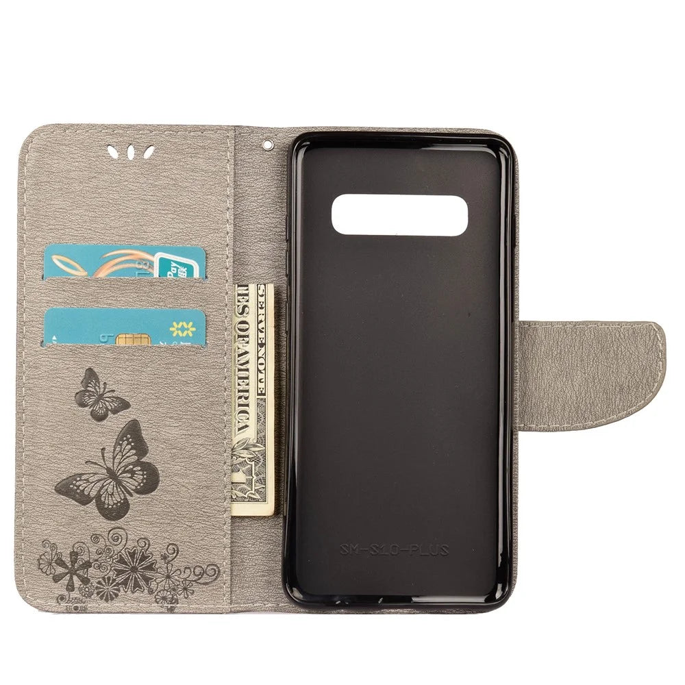 For Samsung Galaxy S10 Imprint Butterfly Flower Leather Phone Shell with Strap - Grey - 3