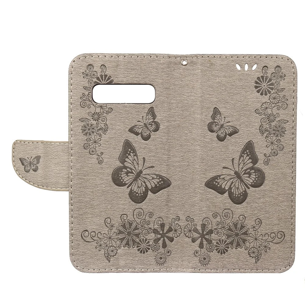 For Samsung Galaxy S10 Imprint Butterfly Flower Leather Phone Shell with Strap - Grey - 4