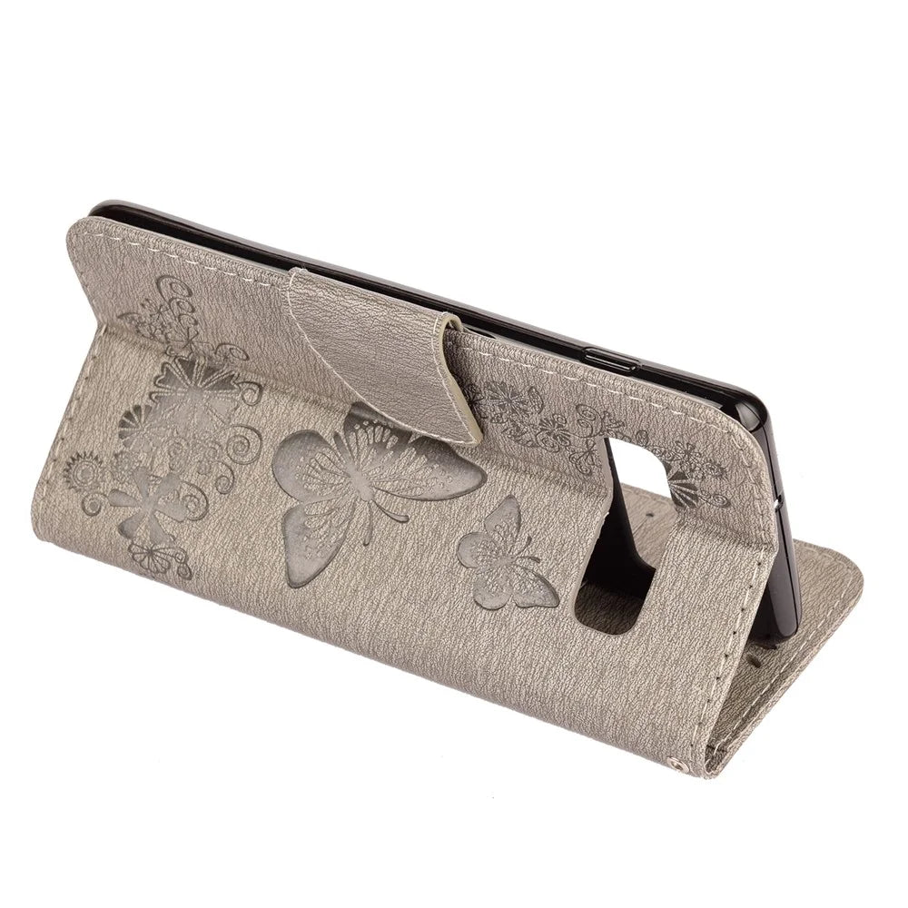 For Samsung Galaxy S10 Imprint Butterfly Flower Leather Phone Shell with Strap - Grey - 5