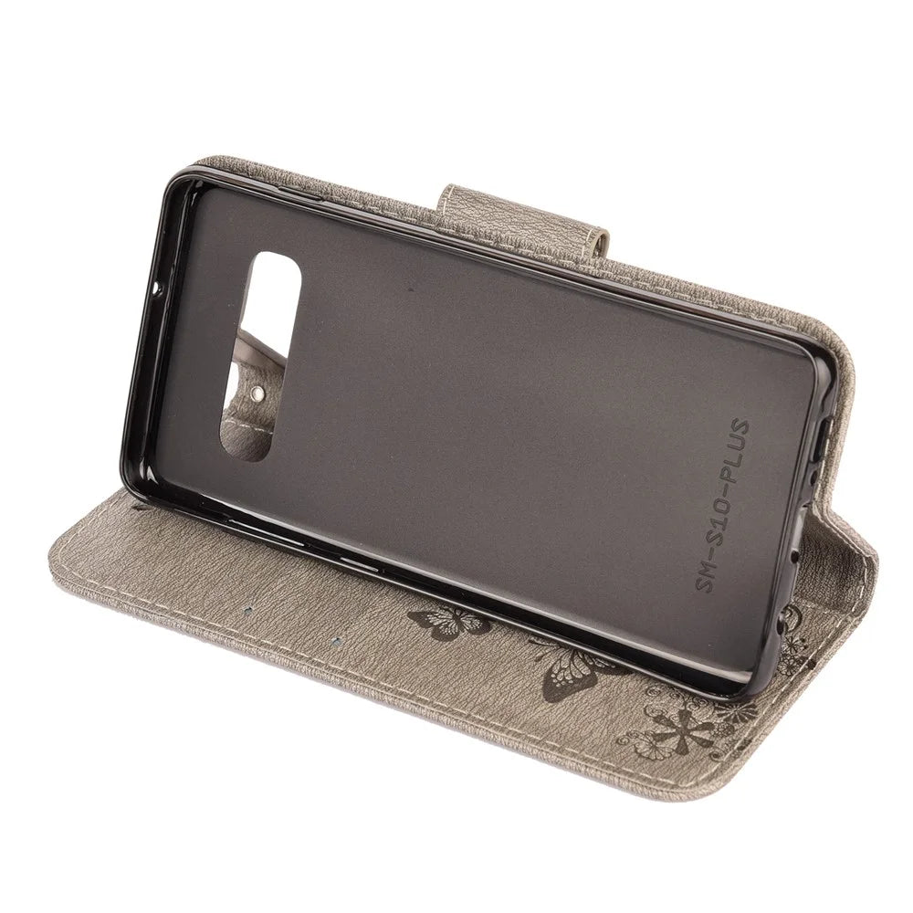 For Samsung Galaxy S10 Imprint Butterfly Flower Leather Phone Shell with Strap - Grey - 6