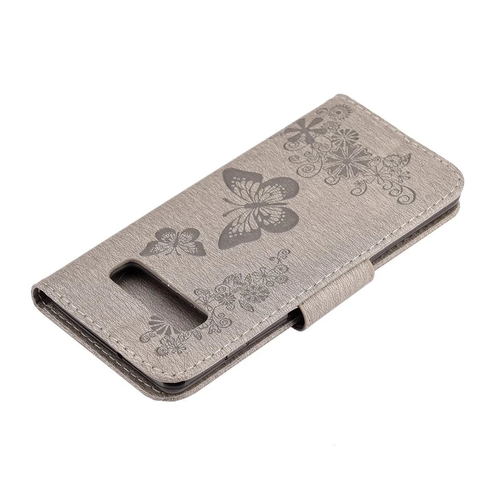 For Samsung Galaxy S10 Imprint Butterfly Flower Leather Phone Shell with Strap - Grey - 7
