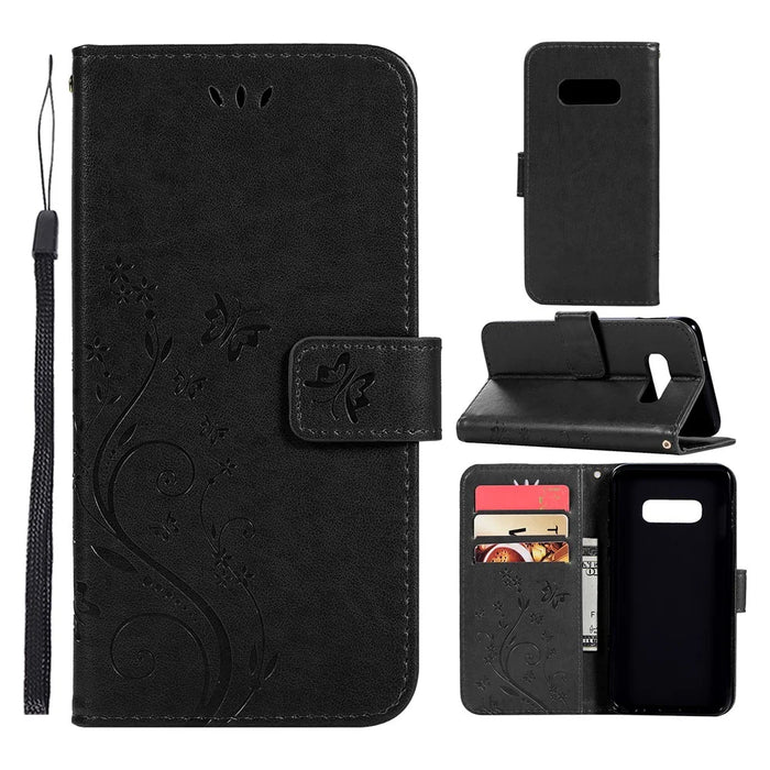 Imprint Butterfly Flower Leather Wallet Case for Samsung Galaxy S10e - Black - 1