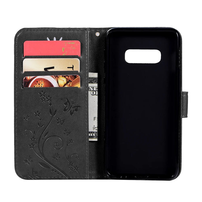 Imprint Butterfly Flower Leather Wallet Case for Samsung Galaxy S10e - Black - 3