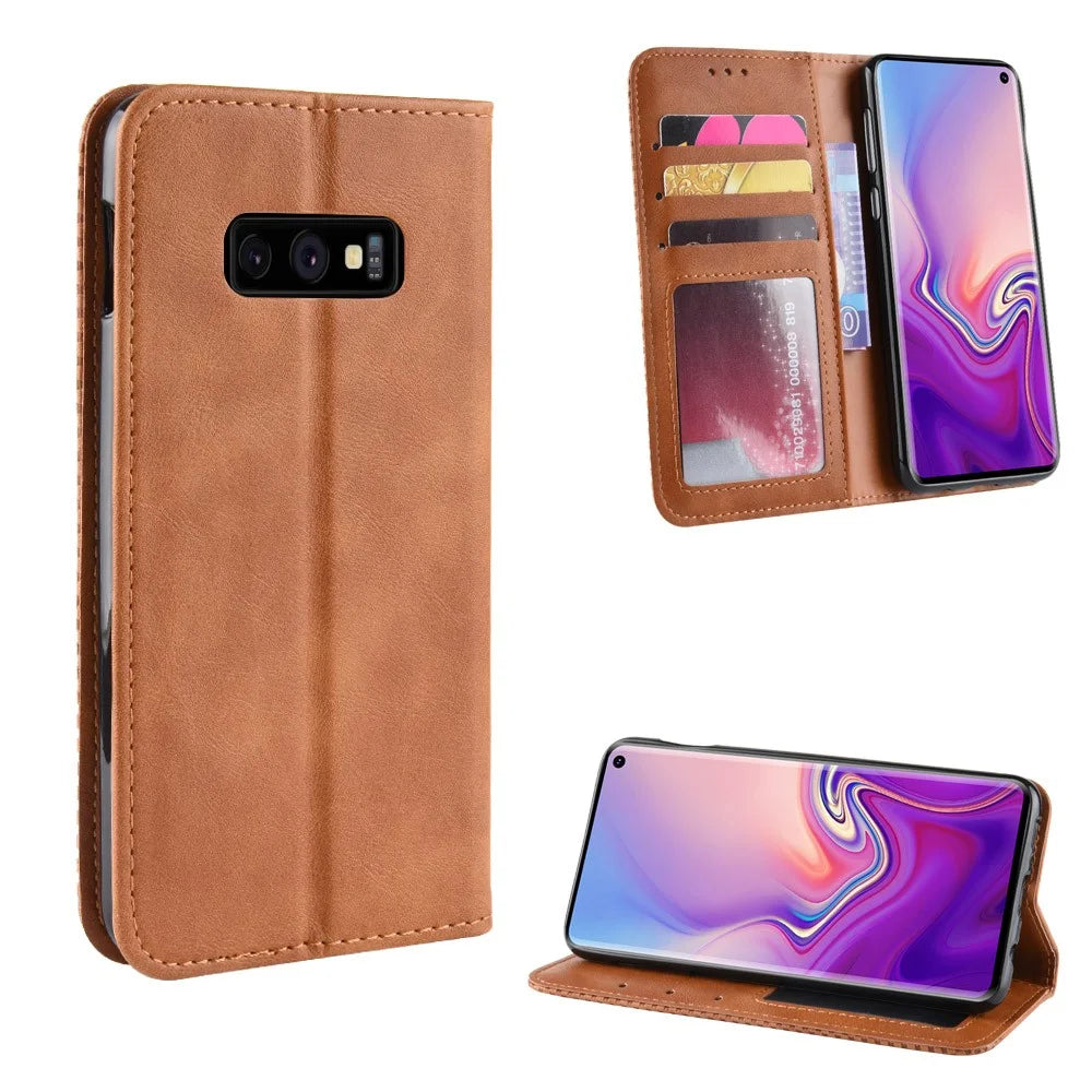Vintage Style Leather Wallet Case for Samsung Galaxy S10e - Brown - 1