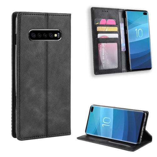Vintage Style Leather Wallet Cover for Samsung Galaxy S10 Plus - Black - 1