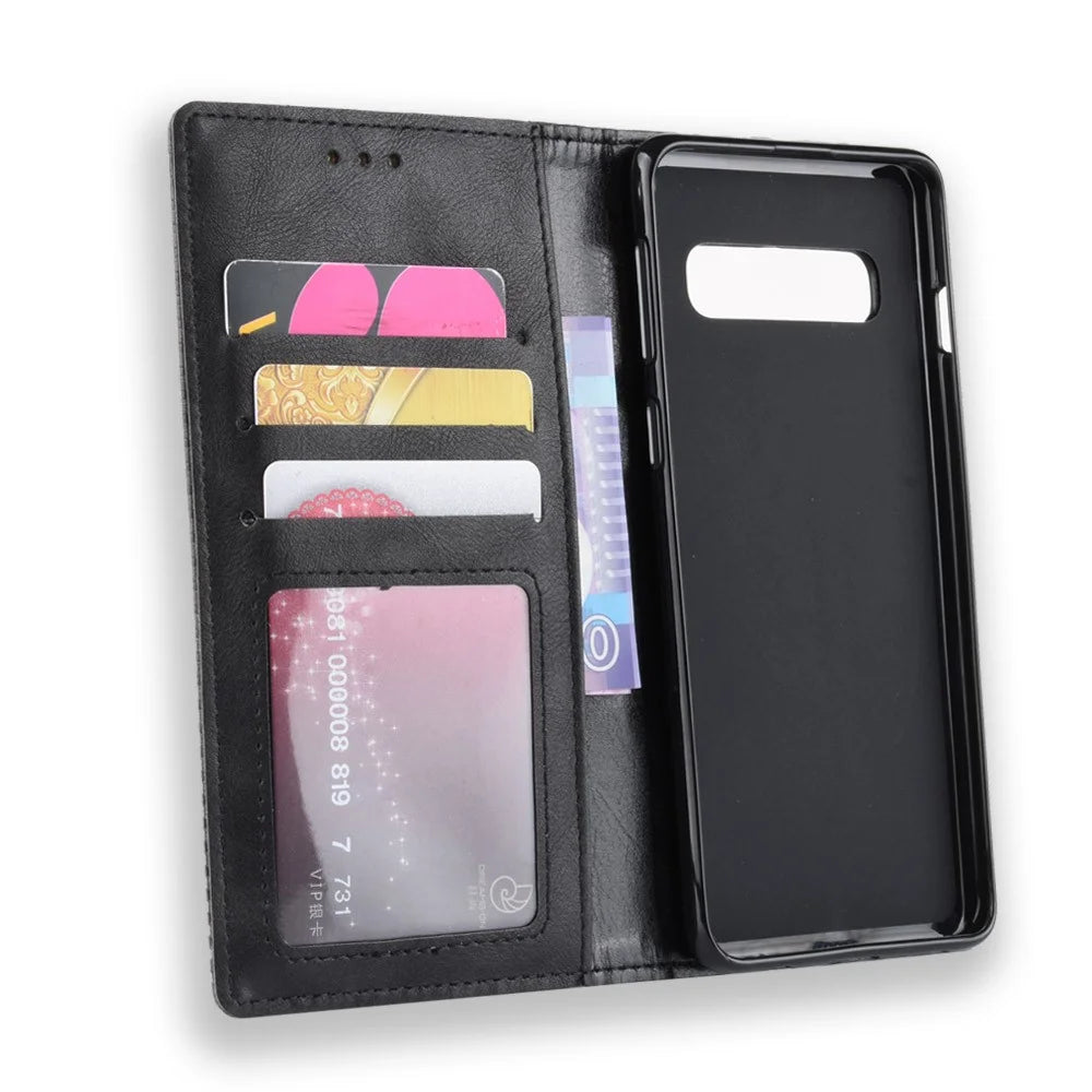 Vintage Style Leather Wallet Cover for Samsung Galaxy S10 Plus - Black - 4