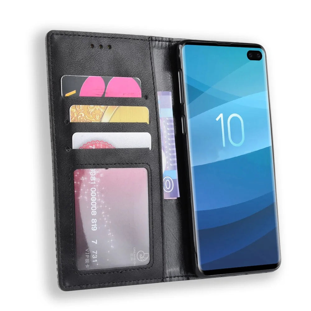 Vintage Style Leather Wallet Cover for Samsung Galaxy S10 Plus - Black - 5