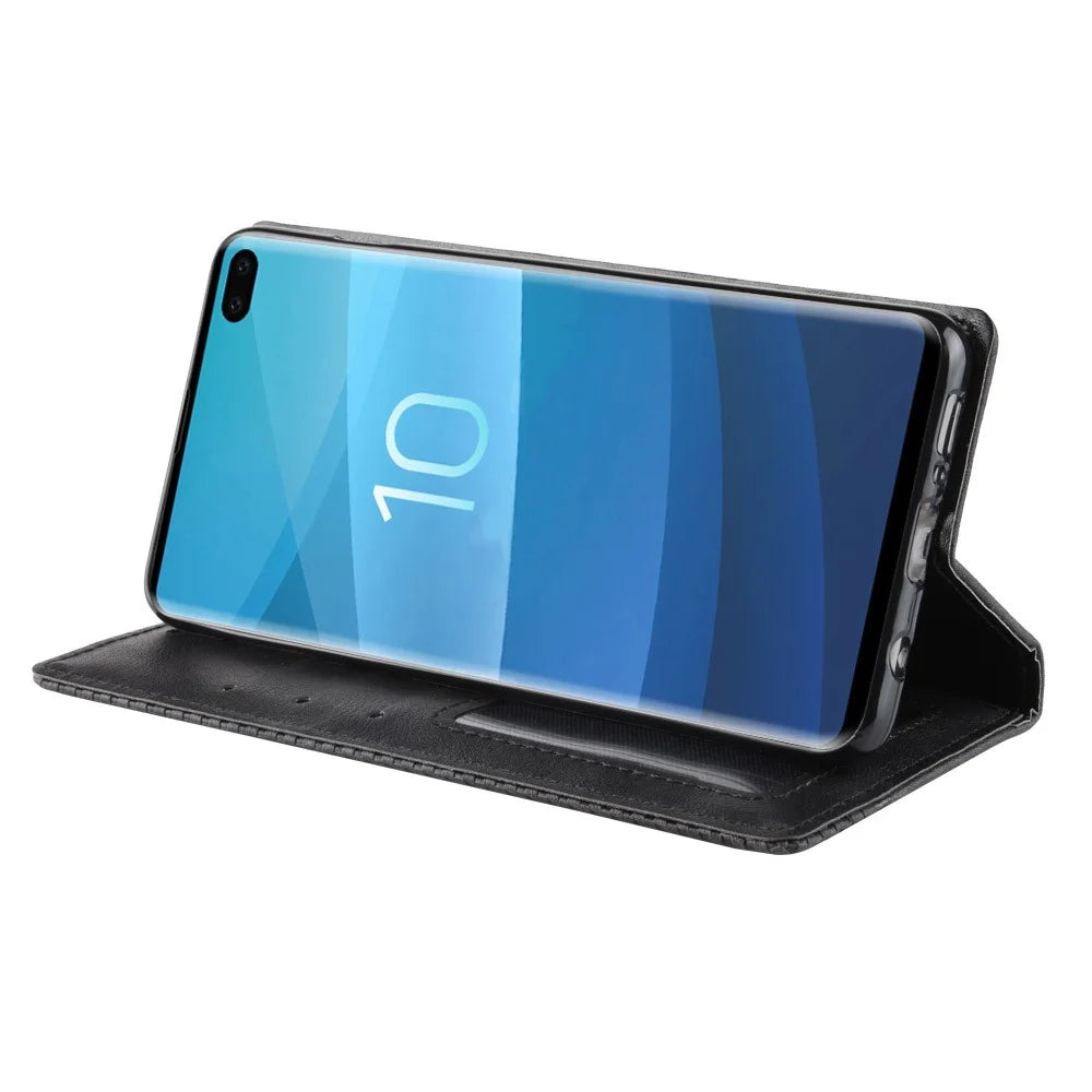 Vintage Style Leather Wallet Cover for Samsung Galaxy S10 Plus - Black - 6