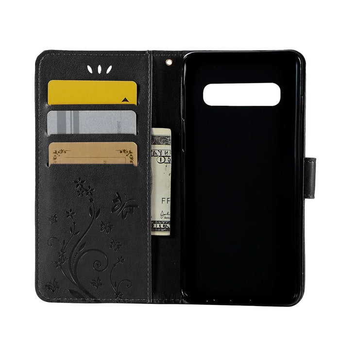 Imprint Butterfly Flower Stand Leather Case with Strap for Samsung Galaxy S10 - Black - 4