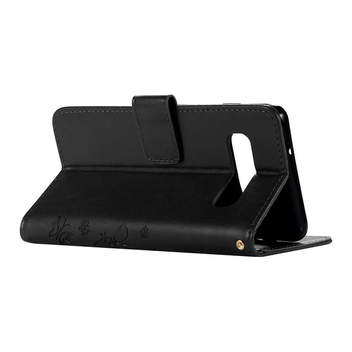 Imprint Butterfly Flower Stand Leather Case with Strap for Samsung Galaxy S10 - Black - 5