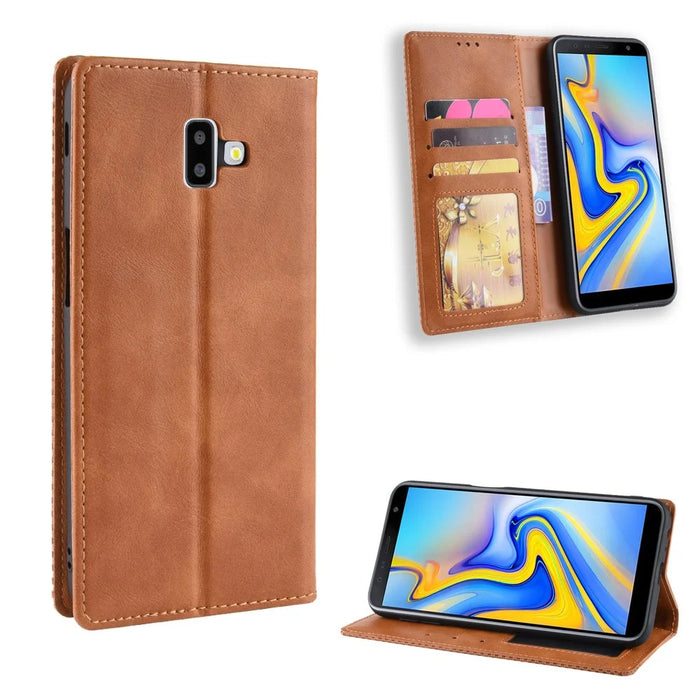Vintage Style Leather Auto-absorbed Wallet Case for Samsung Galaxy J6+ - Brown - 1