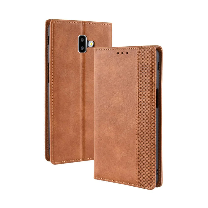 Vintage Style Leather Auto-absorbed Wallet Case for Samsung Galaxy J6+ - Brown - 2